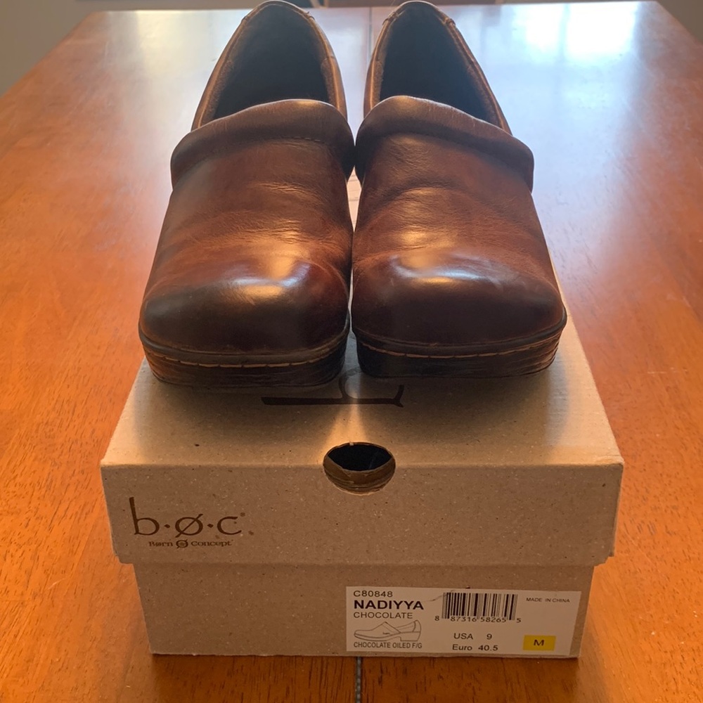 Gently worn Boc slip on brown shoes/clogs.